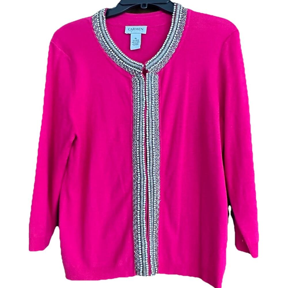 GLAM Carmen Marc Valvo Beaded Hidden Closure Evening Cardigan Jacket Pink XL